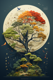 Strom s různými barvami listů a měsíc