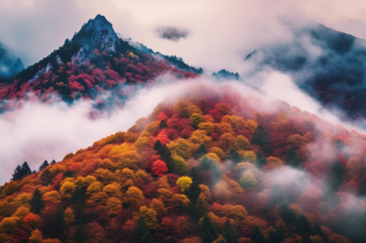 Hora s barevnými stromy a mlhou