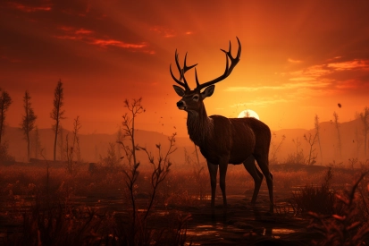 jelen stojící na poli se západem slunce