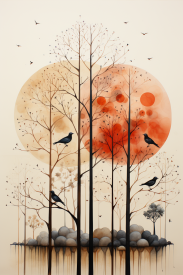 Obraz stromů s ptáky a oranžovými kruhy