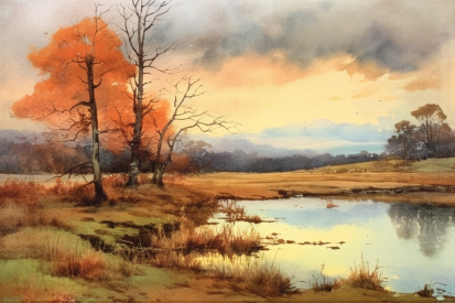 Akvarelová malba jezera se stromy a trávou