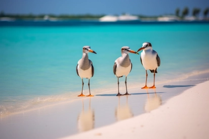 Skupina ptáků stojících na pláži