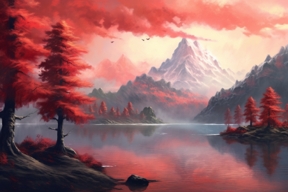 Jezero s červenými stromy a horami