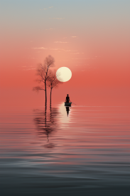 Osoba na lodi ve vodě se stromem a západem slunce