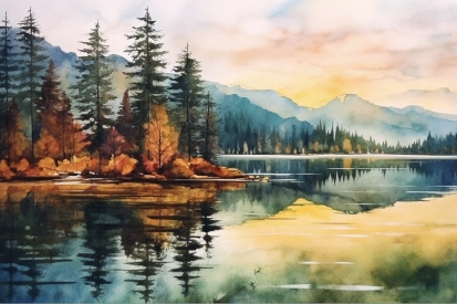 Akvarelová malba jezera se stromy a horami