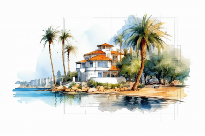 Akvarel domu na pláži s palmami a vodní plochou