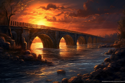 Most přes vodu se západem slunce