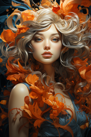 žena s dlouhými vlasy a oranžovými květy