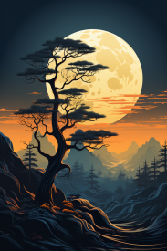 Strom na kopci s měsícem v pozadí