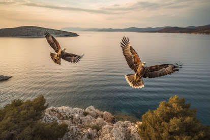 Dva ptáci letící nad vodou