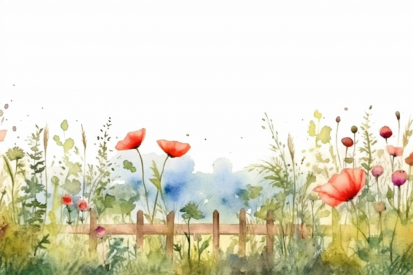 Akvarelová malba květin a plotu