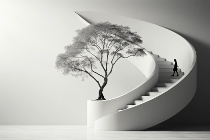 Osoba jdoucí po točitém schodišti se stromem