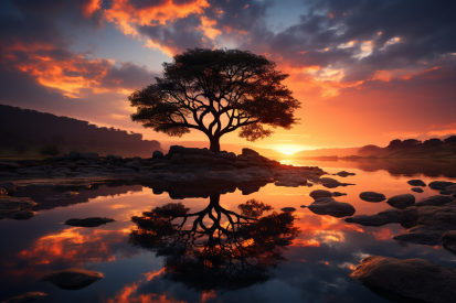 Strom na skalnatém ostrově se západem slunce v pozadí