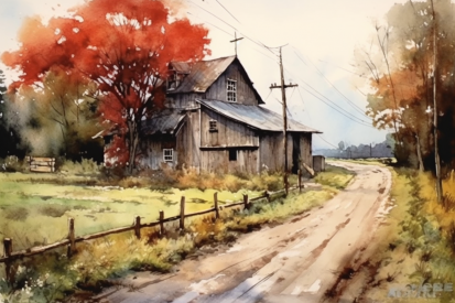 Akvarelová malba domu a silnice
