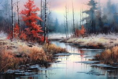 Akvarelová malba řeky se stromy a trávou