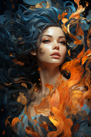 žena s dlouhými černými vlasy a oranžovými a modrými listy.