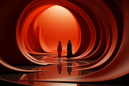 Dvě osoby v hábitech jdoucí v tunelu