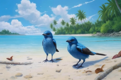 Dva modří ptáci na pláži