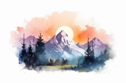 Akvarel pohoří se stromy a západem slunce