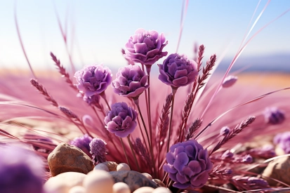 fialové květy a kameny na poli