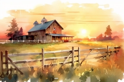 Akvarelová malba stodoly a plotu