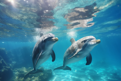 Dva delfíni plavou ve vodě