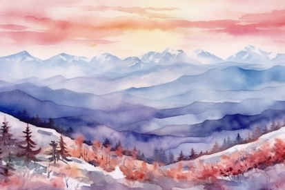 Akvarelová malba hor a stromů