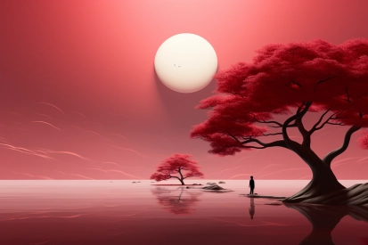 Osoba stojící před vodní plochou s červenými stromy