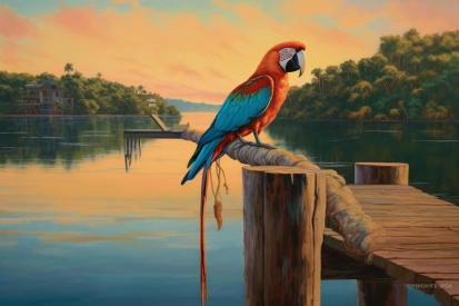 Barevný papoušek sedící na kládě nad vodní plochou