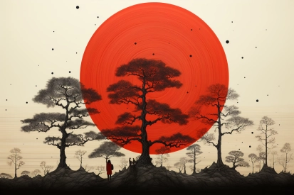 Osoba stojící před stromy a červeným kruhem.