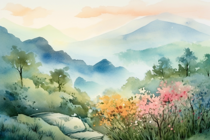 Akvarelová malba krajiny s horami a květinami