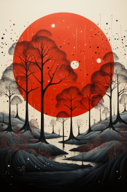 Obraz stromů a červeného kruhu