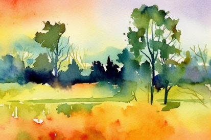 Akvarelová malba stromů a trávy na poli