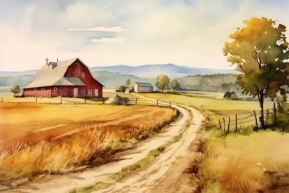 Akvarelová malba farmy
