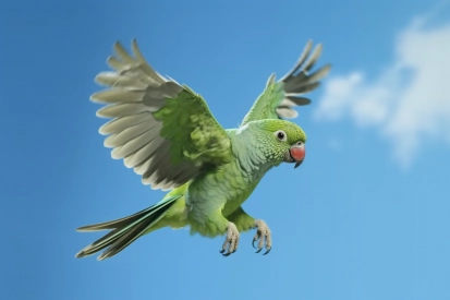 Zelený pták letící na obloze