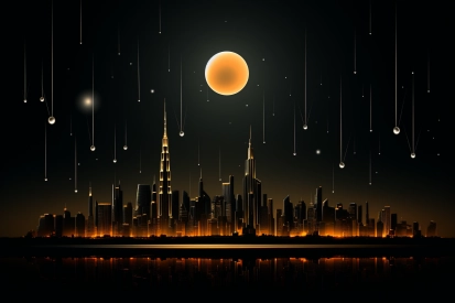 panorama města s velkým měsícem a hvězdami.