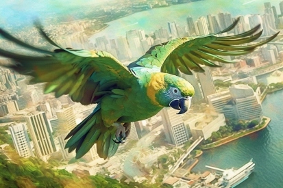 Pták letící nad městem