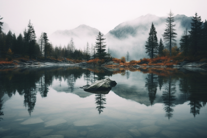 Jezero se stromy a horami v pozadí