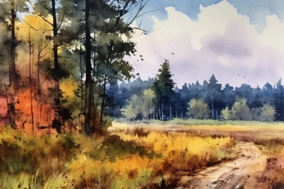 Akvarelová malba polní cesty lesem
