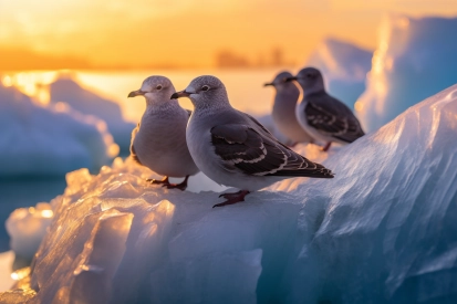Skupina ptáků stojících na ledě
