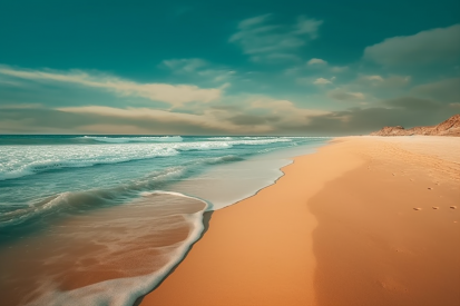 Písečná pláž s vlnami narážejícími na břeh.