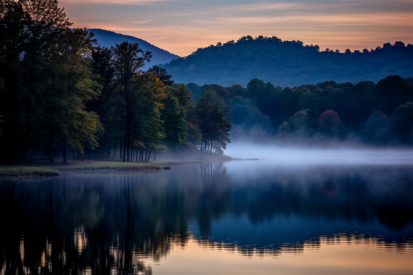 Jezero se stromy a mlhou