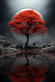 Strom s červenými listy a vodní plocha.