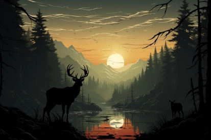 jelen v lese s řekou a horami v pozadí