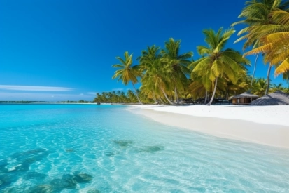 Pláž s palmami a průzračně modrou vodou.