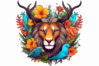 Lev a ptáci obklopení květinami