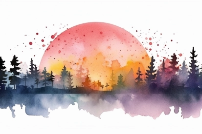 Akvarelová malba stromů a západu slunce
