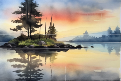 Akvarelová malba jezera se stromy a západem slunce
