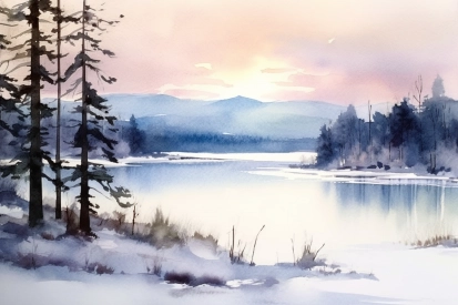 Akvarel jezera se stromy a horami v pozadí