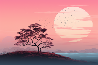 Strom na kopci s růžovou oblohou a ptáky, kteří nad ním létají.